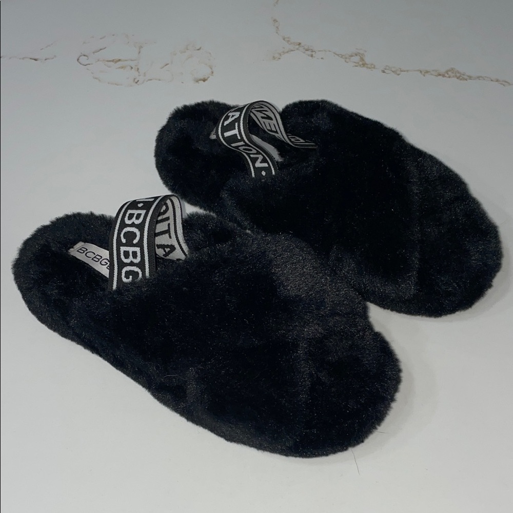 BCBGeneration Black Plush Slingback Slippers | 6